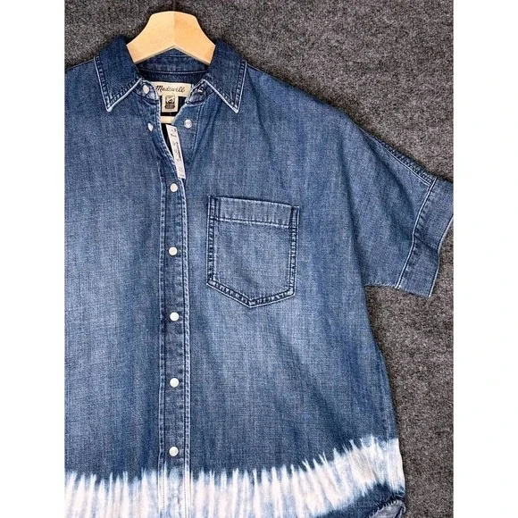 Madewell Denim Short Sleeve Tie Dye Bleach Button Down Shirt NV325 Blue XS NEW - Picture 4 of 10